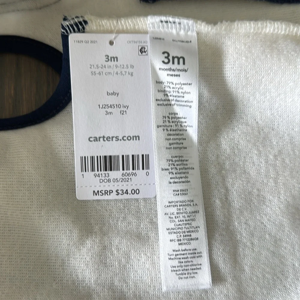 Carter’s Baby Sherpa Fleece Zip Vest 3M NWT Cream & Navy